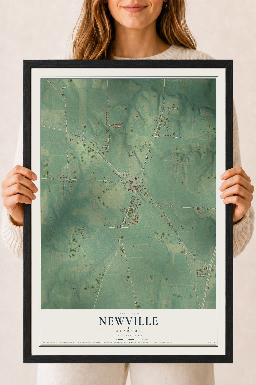 Map of Newville, Alabama, 18 x 24 inch print in a black wood frame