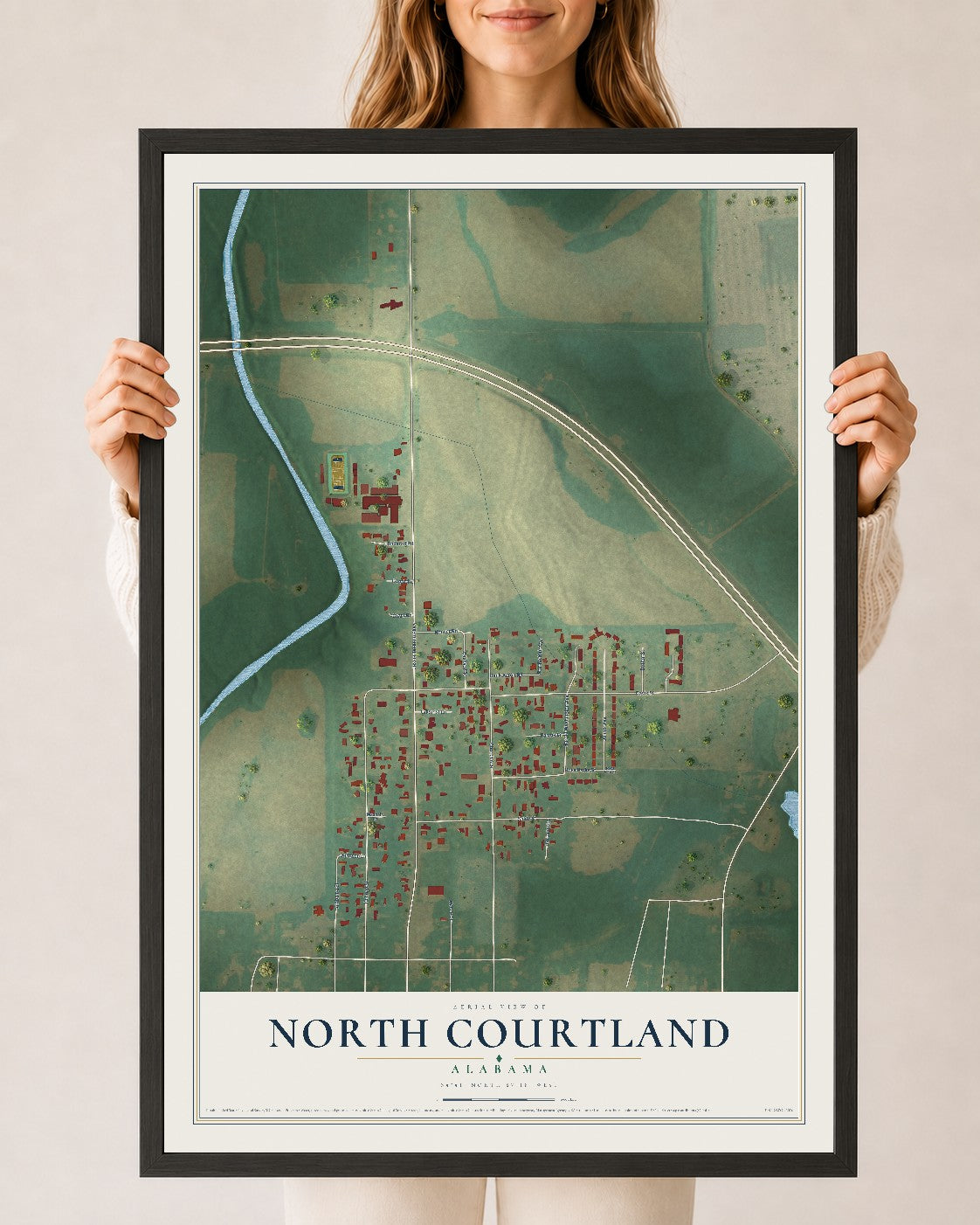 Map of North Courtland, Alabama, 24 x 36 inch print in a black wood frame