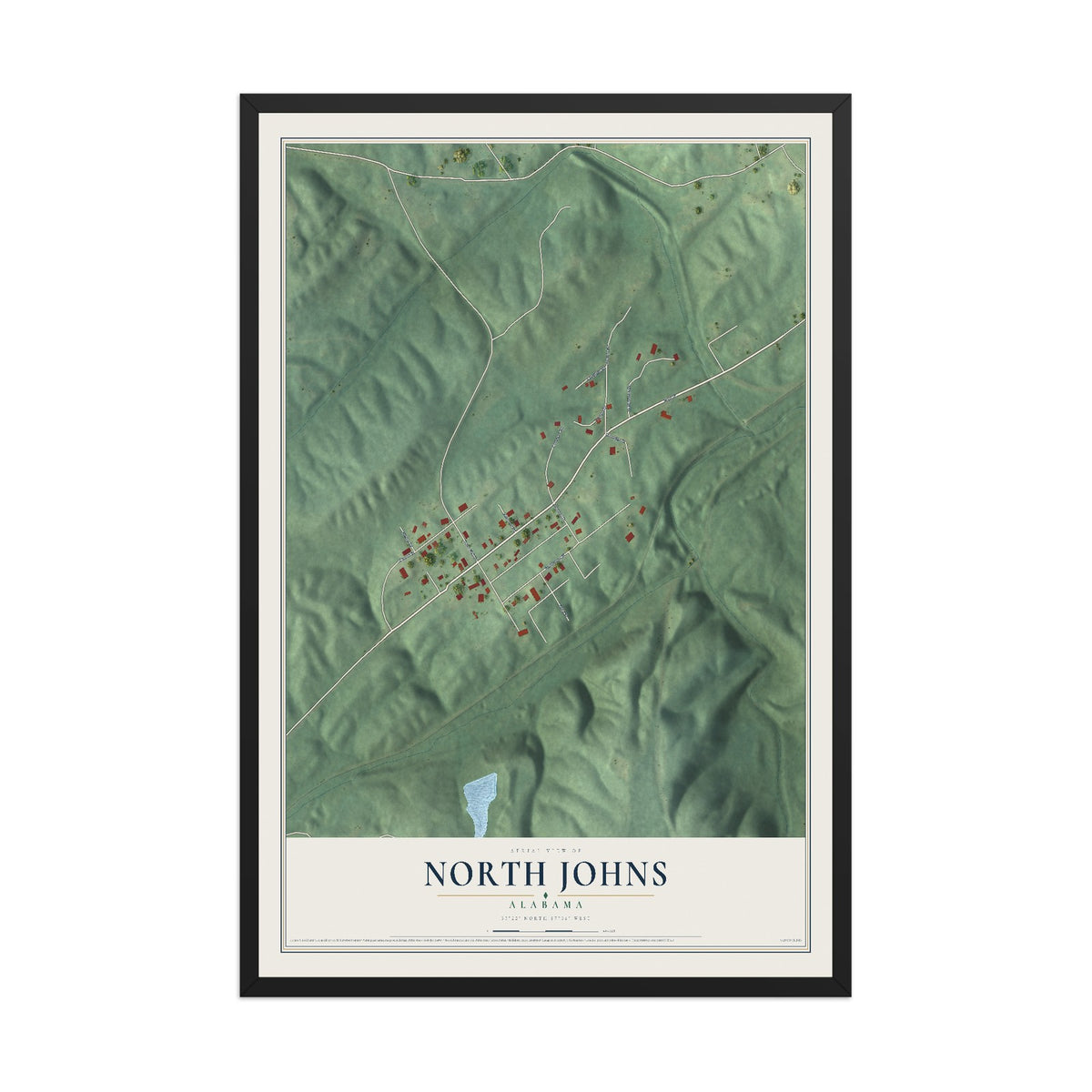 Map of North Johns, Alabama, 12 x 18 inch print in a black wood frame