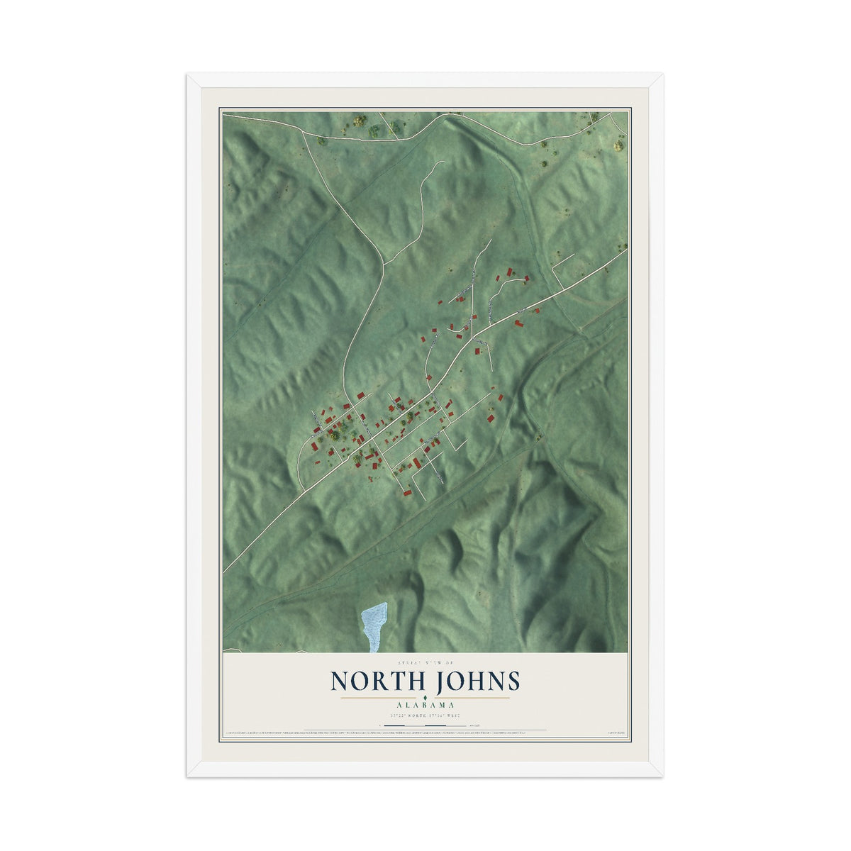 Map of North Johns, Alabama, 12 x 18 inch print in a white wood frame