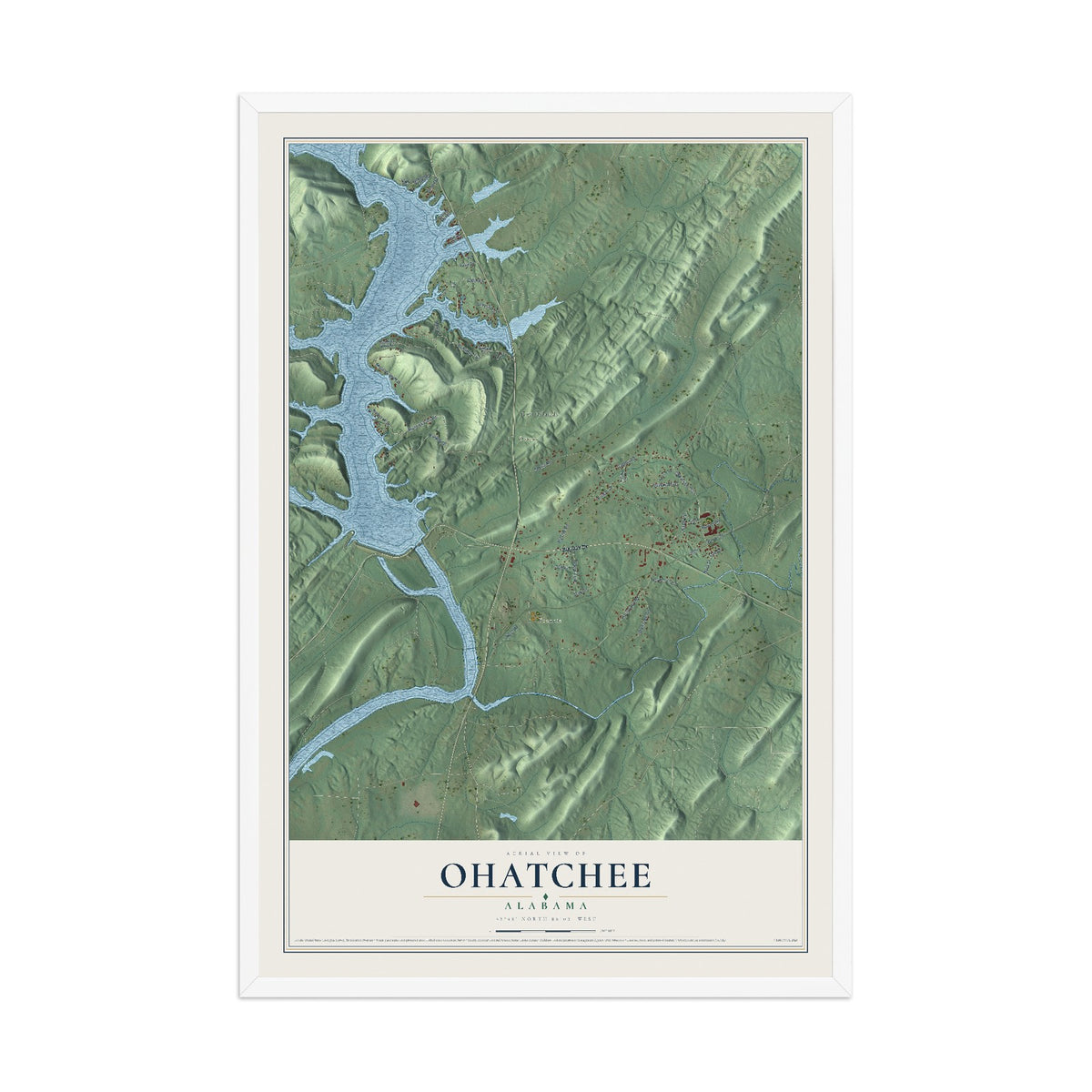Map of Ohatchee, Alabama, 12 x 18 inch print in a white wood frame