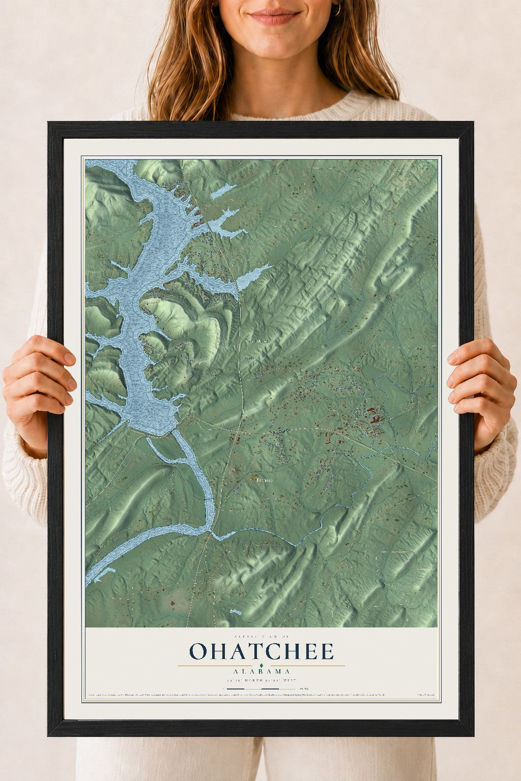 Map of Ohatchee, Alabama, 18 x 24 inch print in a black wood frame