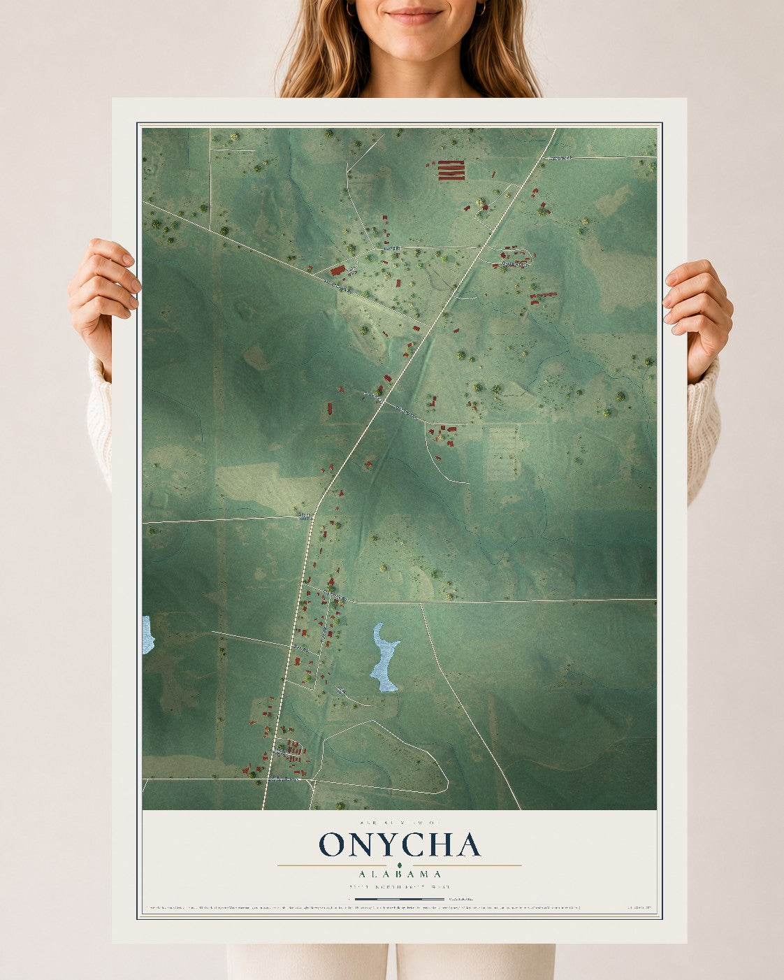 Map of Onycha, Alabama, 24 x 36 inch unframed archival matte print