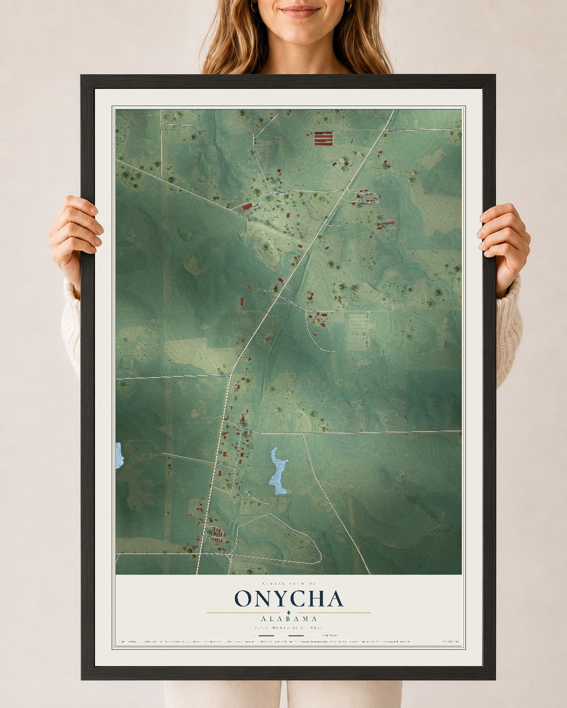 Map of Onycha, Alabama, 24 x 36 inch print in a black wood frame