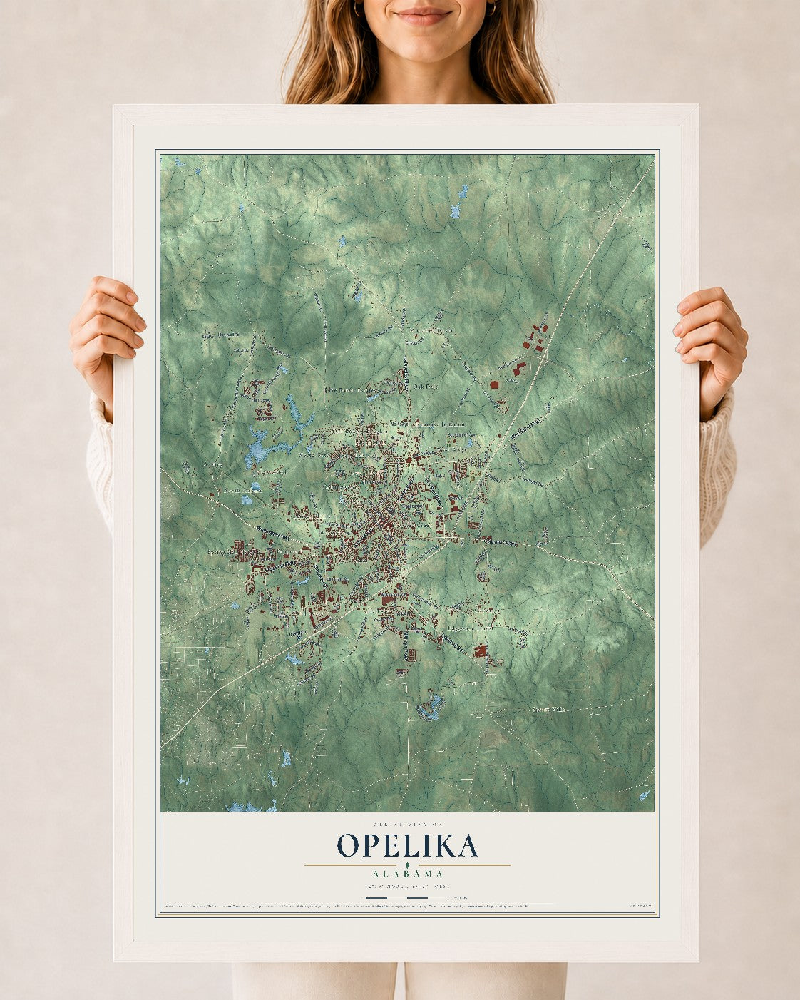 Map of Opelika, Alabama, 24 x 36 inch print in a white wood frame