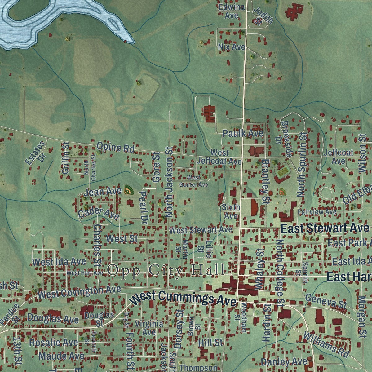 Close-up of the map of Opp, Alabama print showing street and building detail