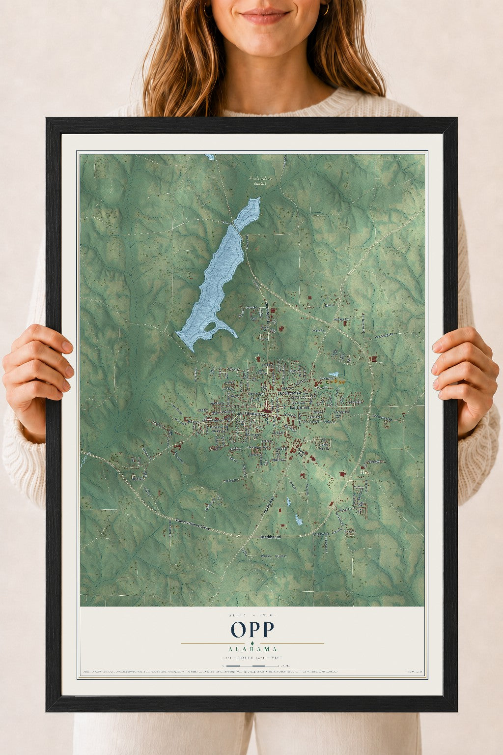 Map of Opp, Alabama, 18 x 24 inch print in a black wood frame