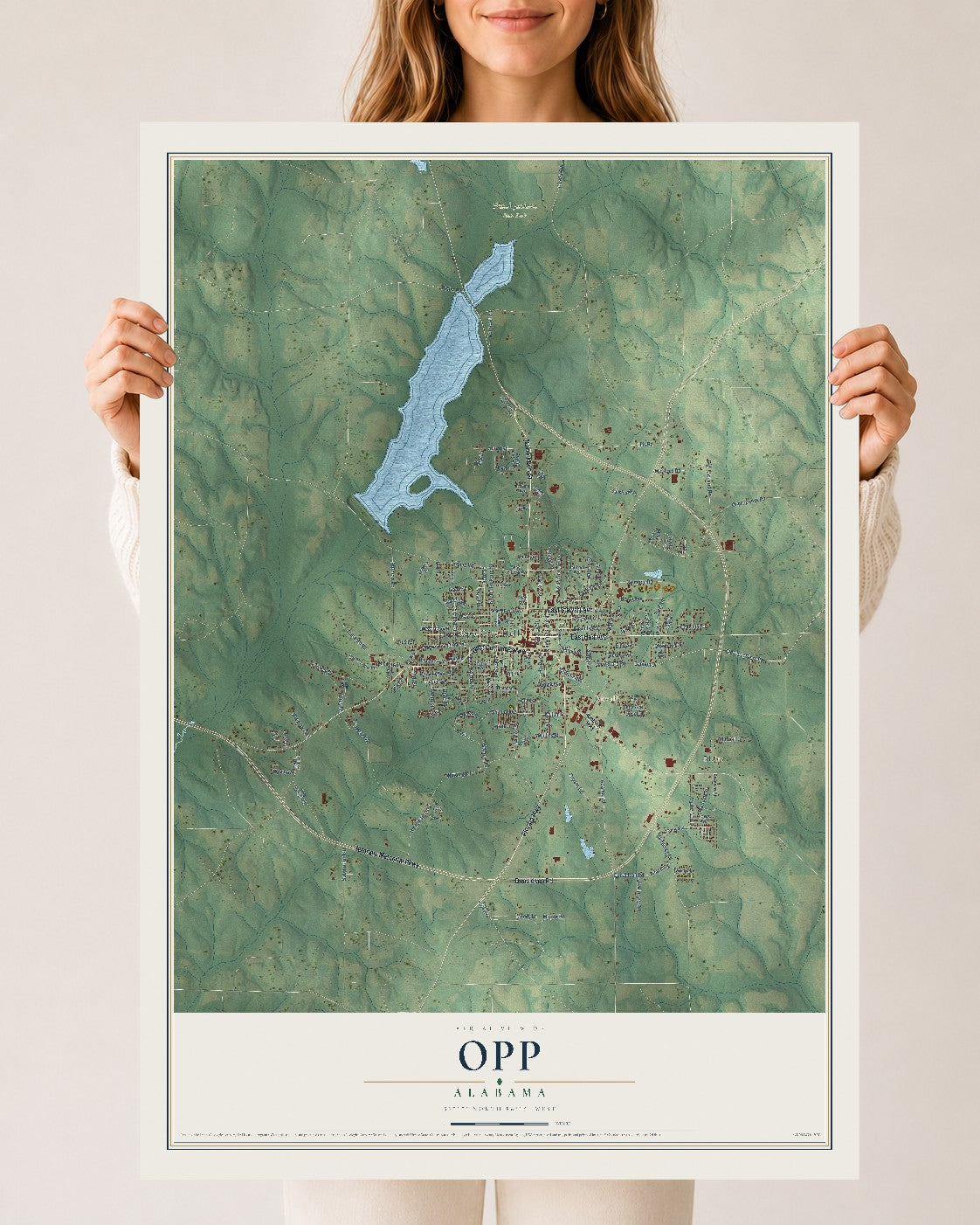 Map of Opp, Alabama, 24 x 36 inch unframed archival matte print