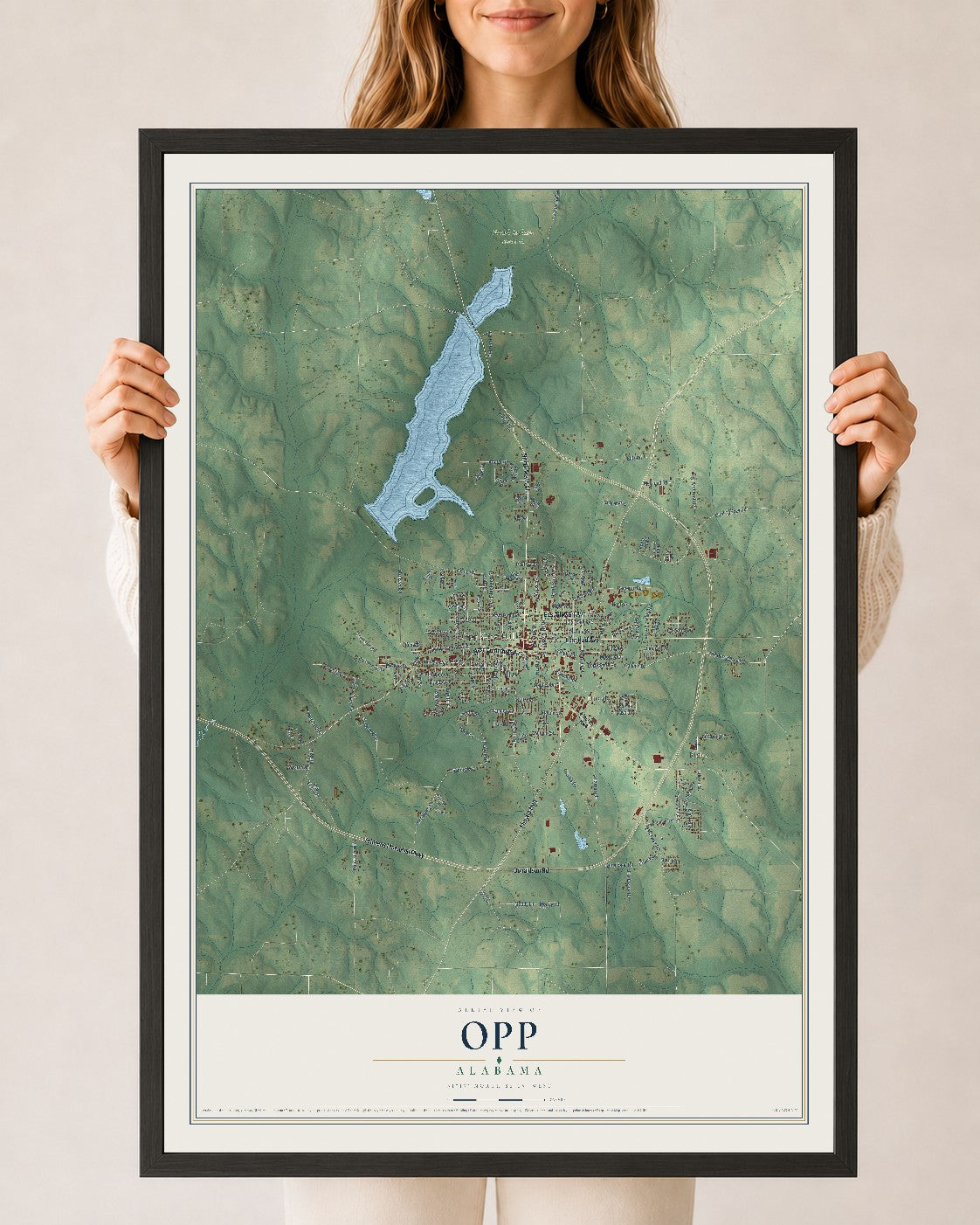 Map of Opp, Alabama, 24 x 36 inch print in a black wood frame