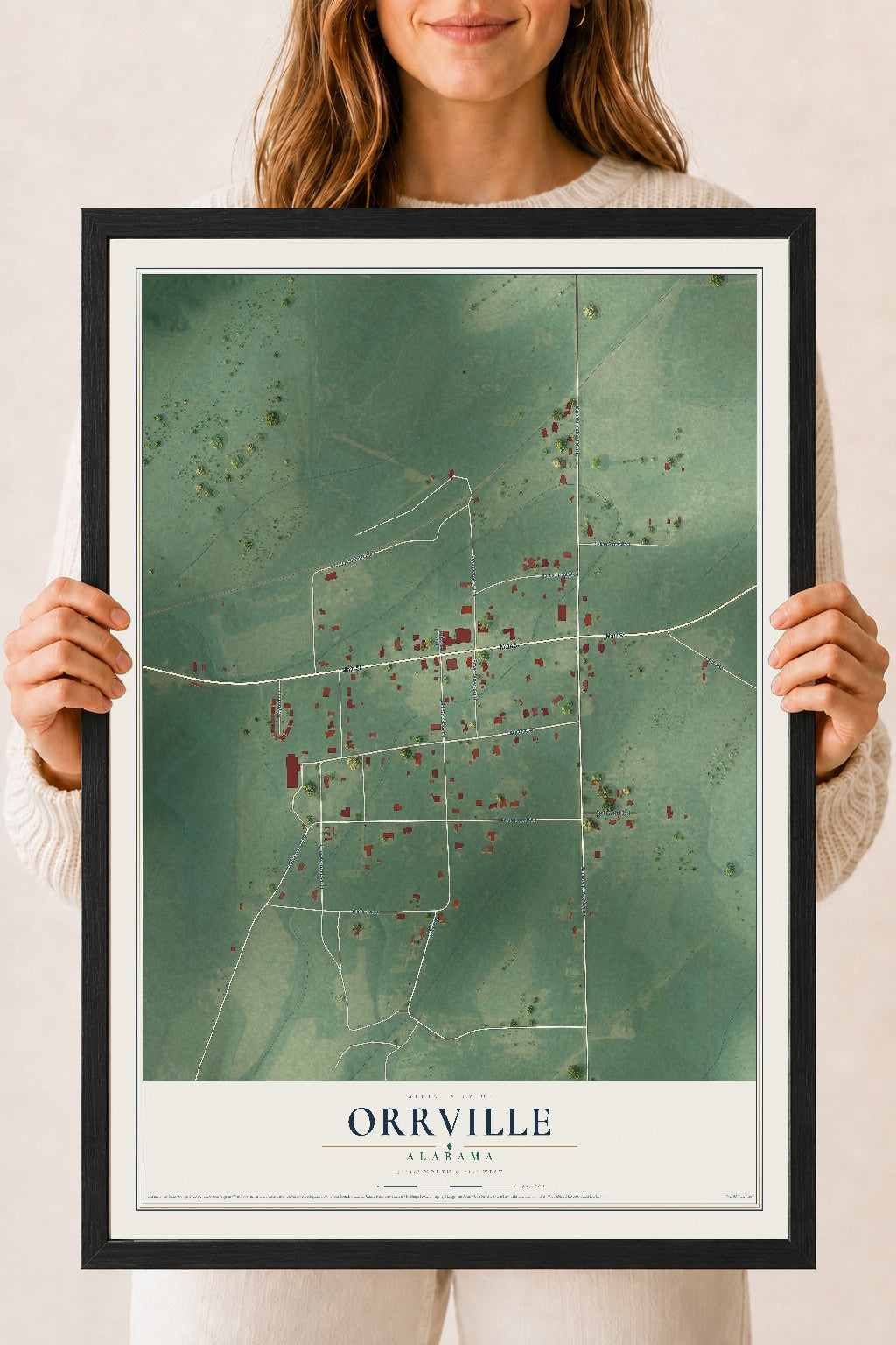 Map of Orrville, Alabama, 18 x 24 inch print in a black wood frame