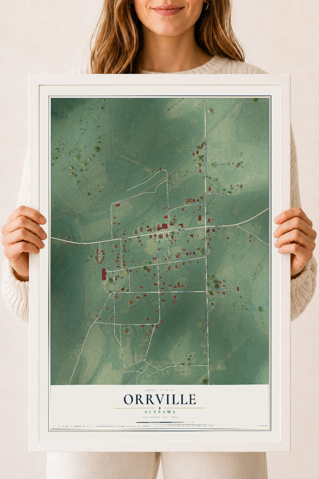 Map of Orrville, Alabama, 18 x 24 inch print in a white wood frame