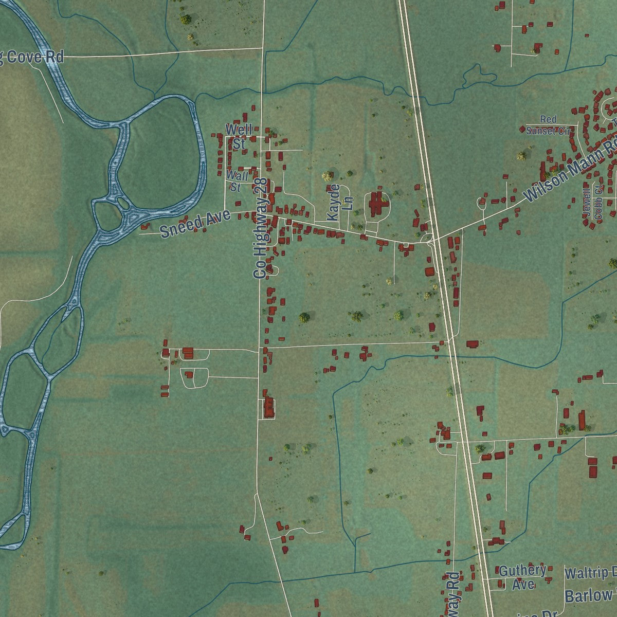 Second close-up of the map of Owens Cross Roads, Alabama print showing more streets and buildings