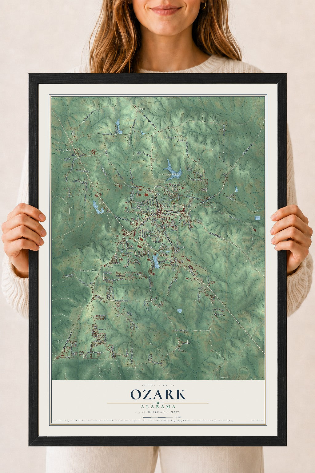 Map of Ozark, Alabama, 18 x 24 inch print in a black wood frame