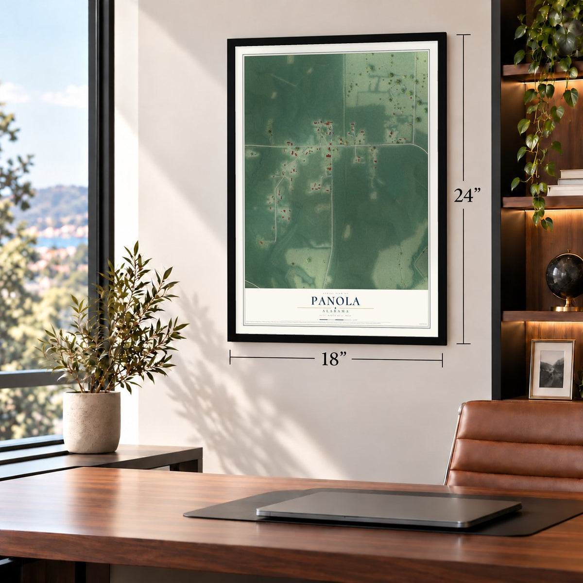 Panola, Alabama map, 18 x 24 inch print in a black frame in a home office