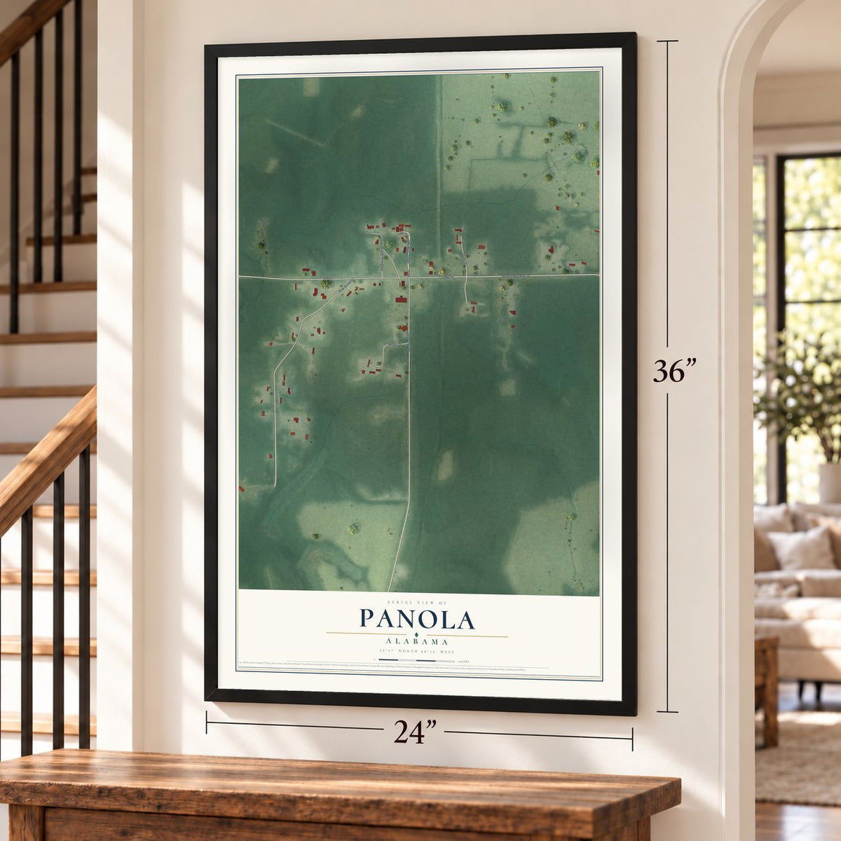 Panola, Alabama map, 24 x 36 inch print in a black frame by a staircase
