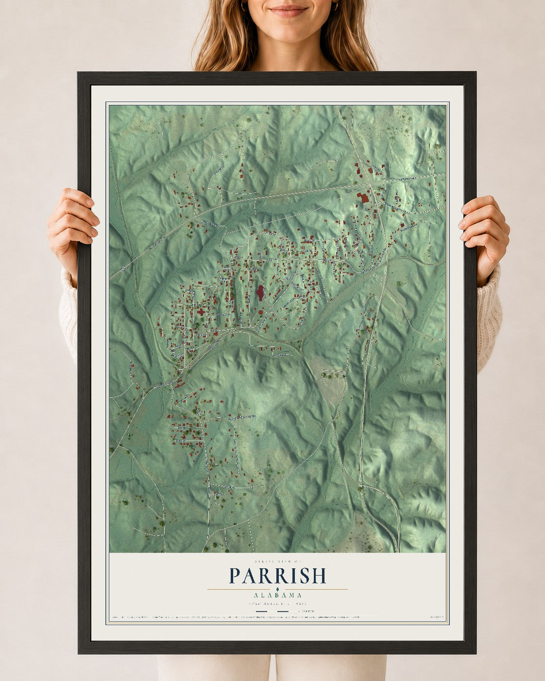 Map of Parrish, Alabama, 24 x 36 inch print in a black wood frame