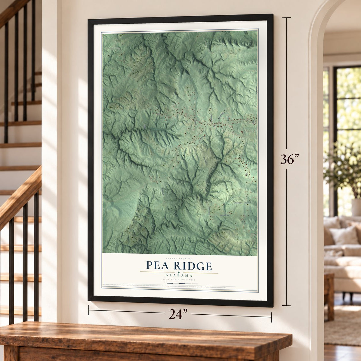 Pea Ridge, Alabama map, 24 x 36 inch print in a black frame by a staircase