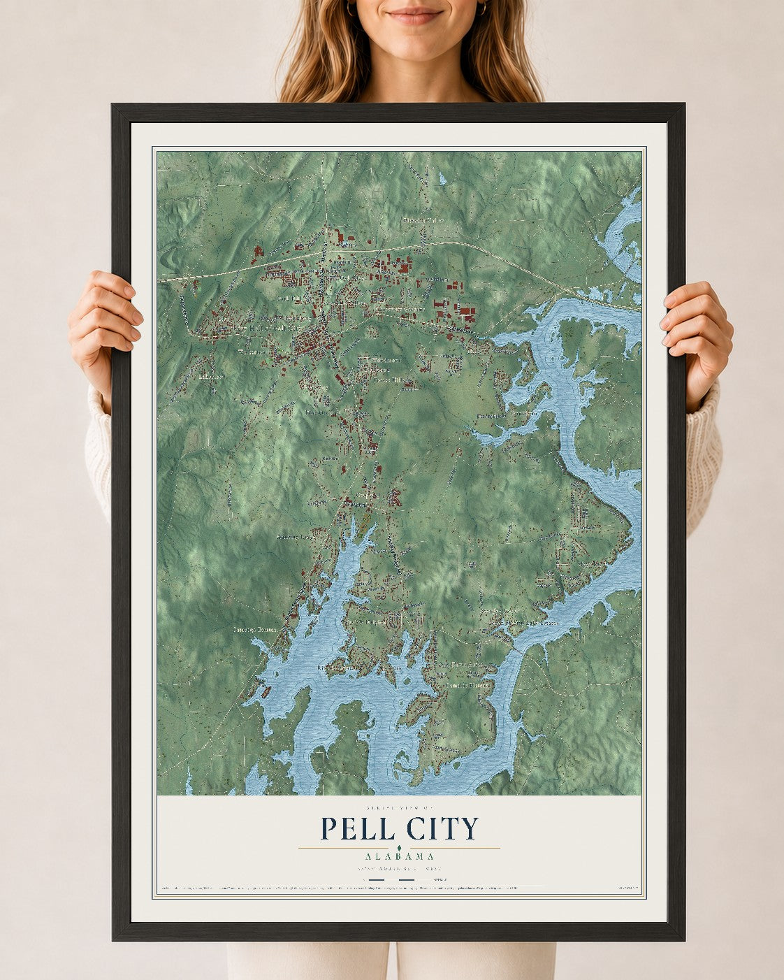 Map of Pell City, Alabama, 24 x 36 inch print in a black wood frame