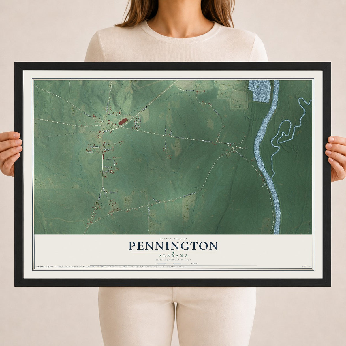 Map of Pennington, Alabama, 18 x 24 inch print in a black wood frame