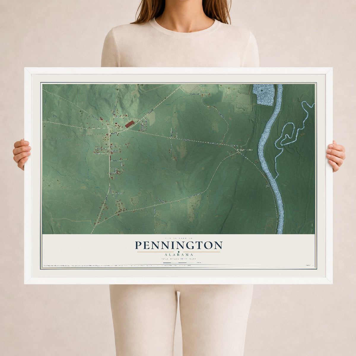 Map of Pennington, Alabama, 24 x 36 inch print in a white wood frame