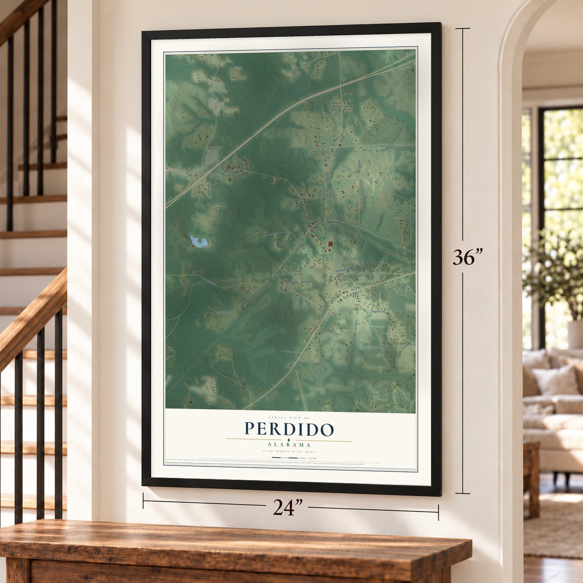 Perdido, Alabama map, 24 x 36 inch print in a black frame by a staircase