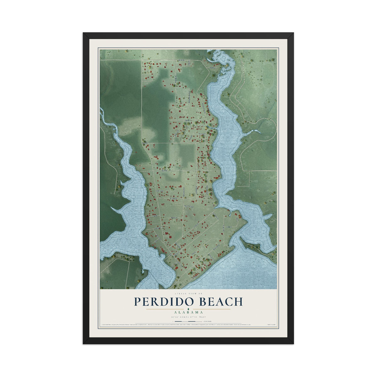 Map of Perdido Beach, Alabama, 12 x 18 inch print in a black wood frame