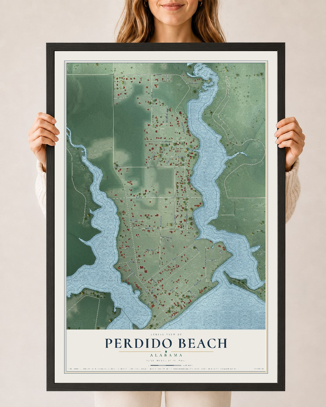 Map of Perdido Beach, Alabama, 24 x 36 inch print in a black wood frame