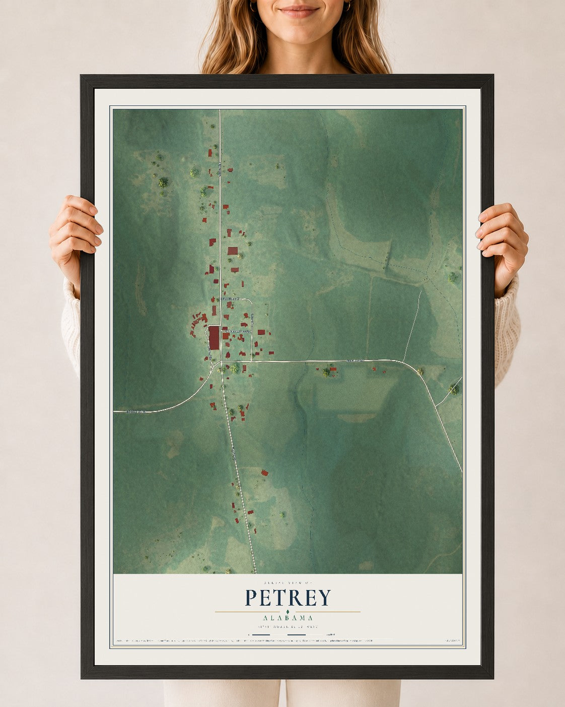 Map of Petrey, Alabama, 24 x 36 inch print in a black wood frame