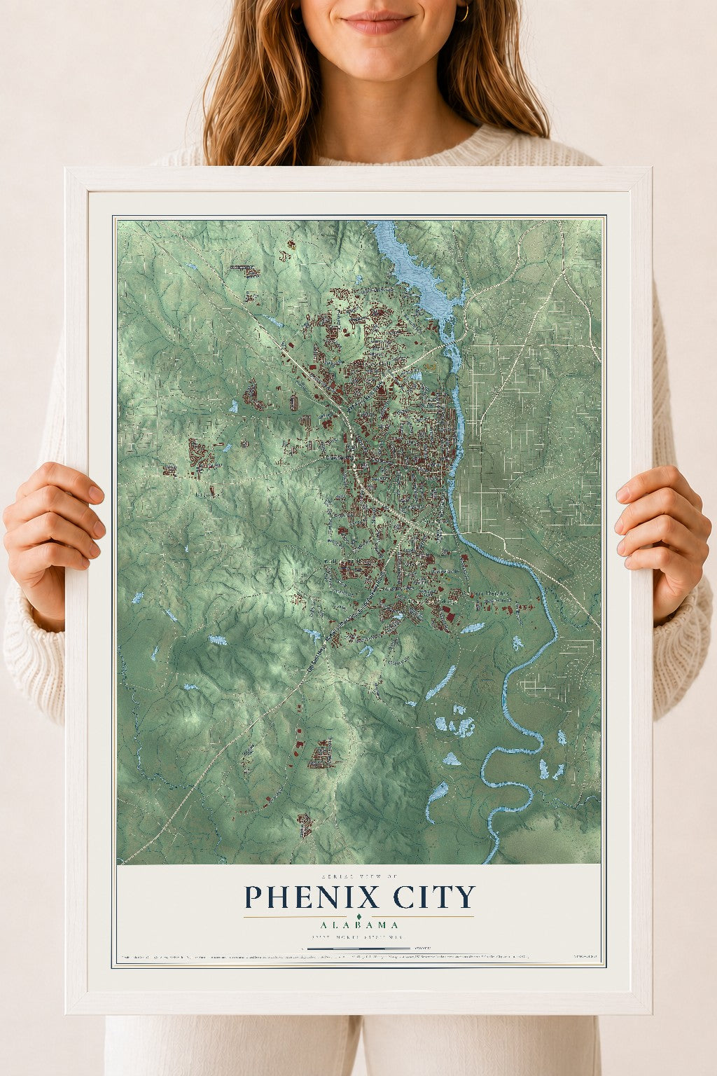 Map of Phenix City, Alabama, 18 x 24 inch print in a white wood frame