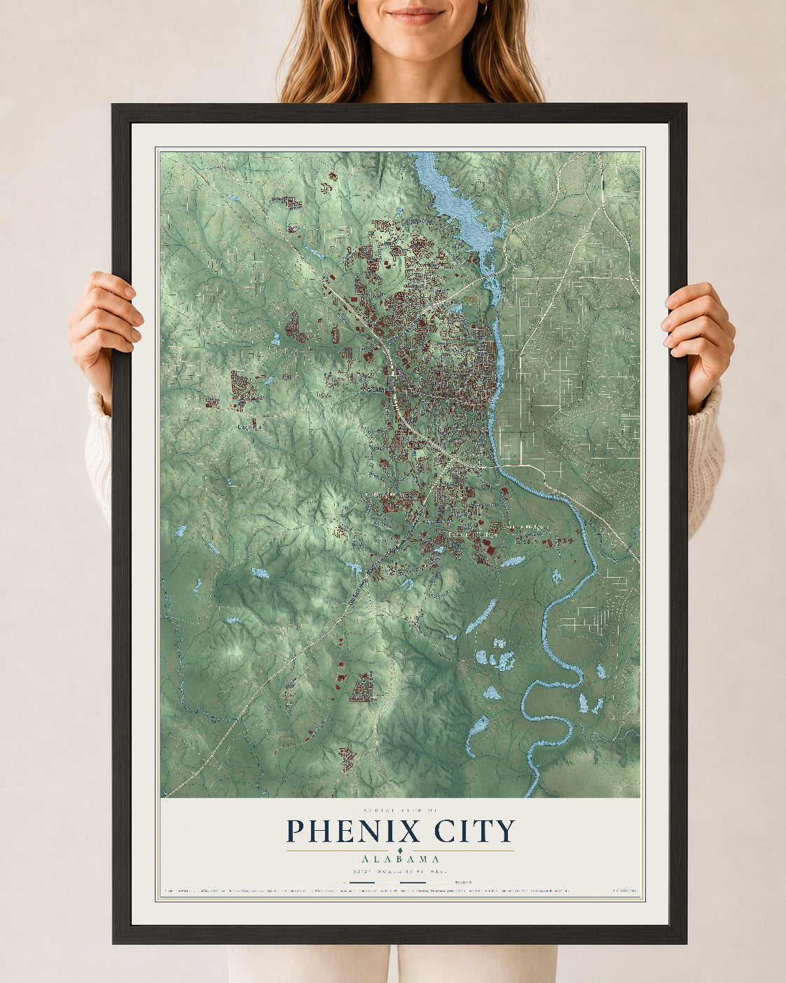 Map of Phenix City, Alabama, 24 x 36 inch print in a black wood frame