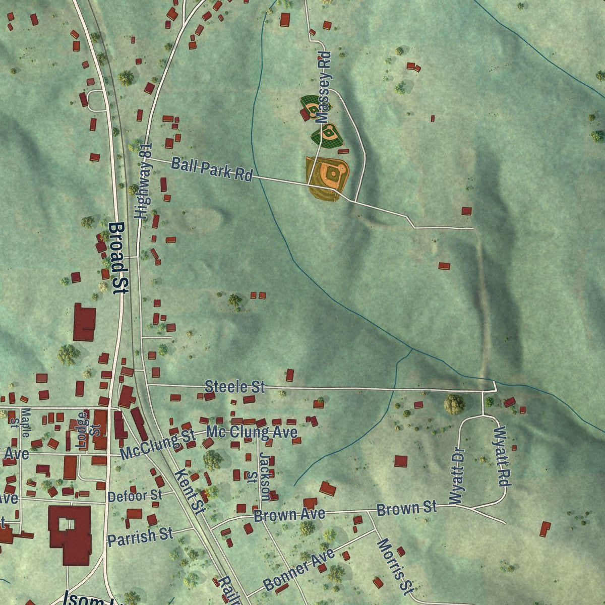 Close-up of the map of Phil Campbell, Alabama print showing street and building detail