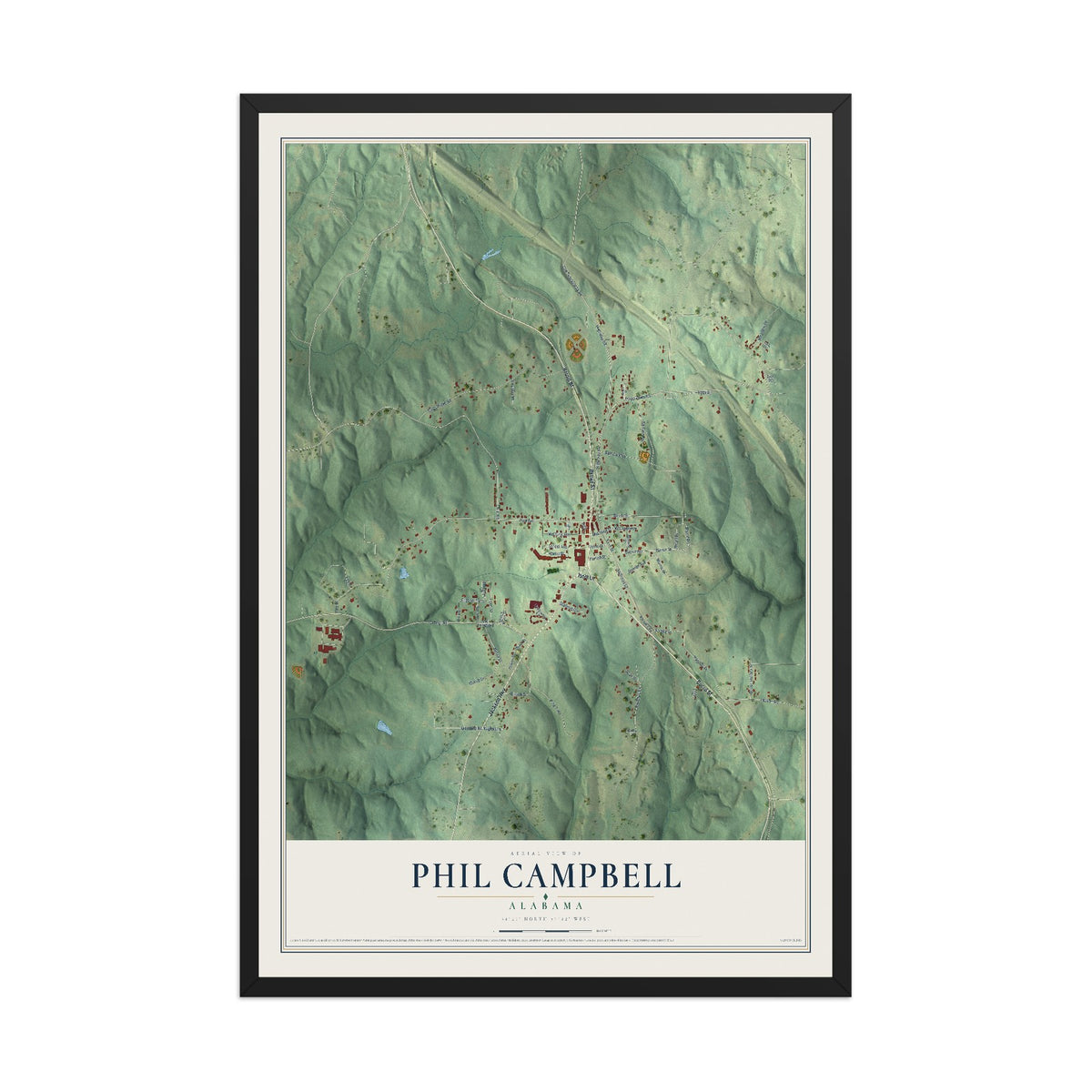 Map of Phil Campbell, Alabama, 12 x 18 inch print in a black wood frame