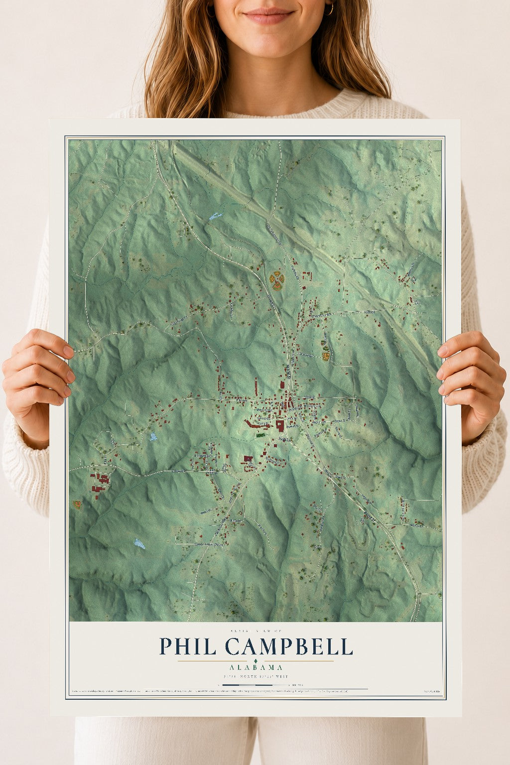 Map of Phil Campbell, Alabama, 18 x 24 inch unframed archival matte print