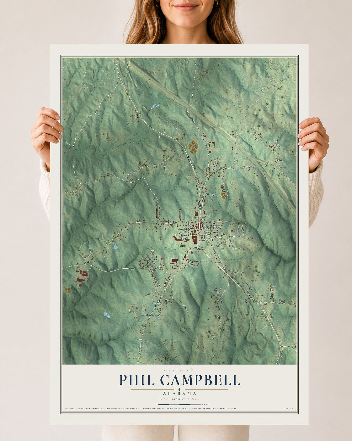Map of Phil Campbell, Alabama, 24 x 36 inch unframed archival matte print