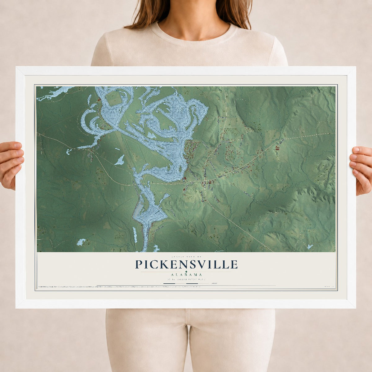 Map of Pickensville, Alabama, 18 x 24 inch print in a white wood frame