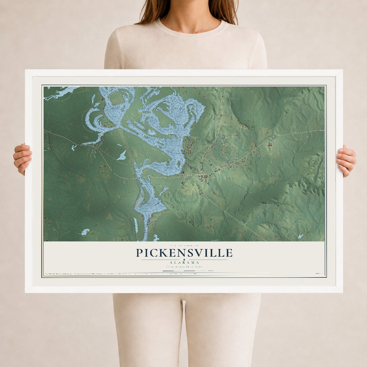 Map of Pickensville, Alabama, 24 x 36 inch print in a white wood frame