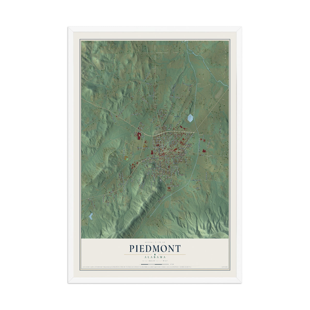 Map of Piedmont, Alabama, 12 x 18 inch print in a white wood frame