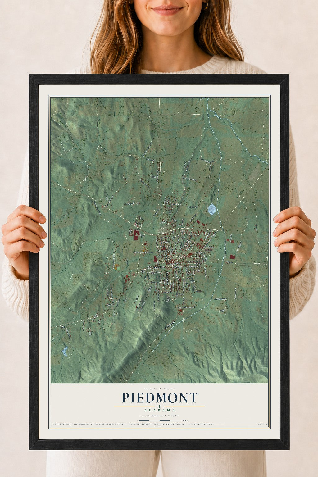 Map of Piedmont, Alabama, 18 x 24 inch print in a black wood frame