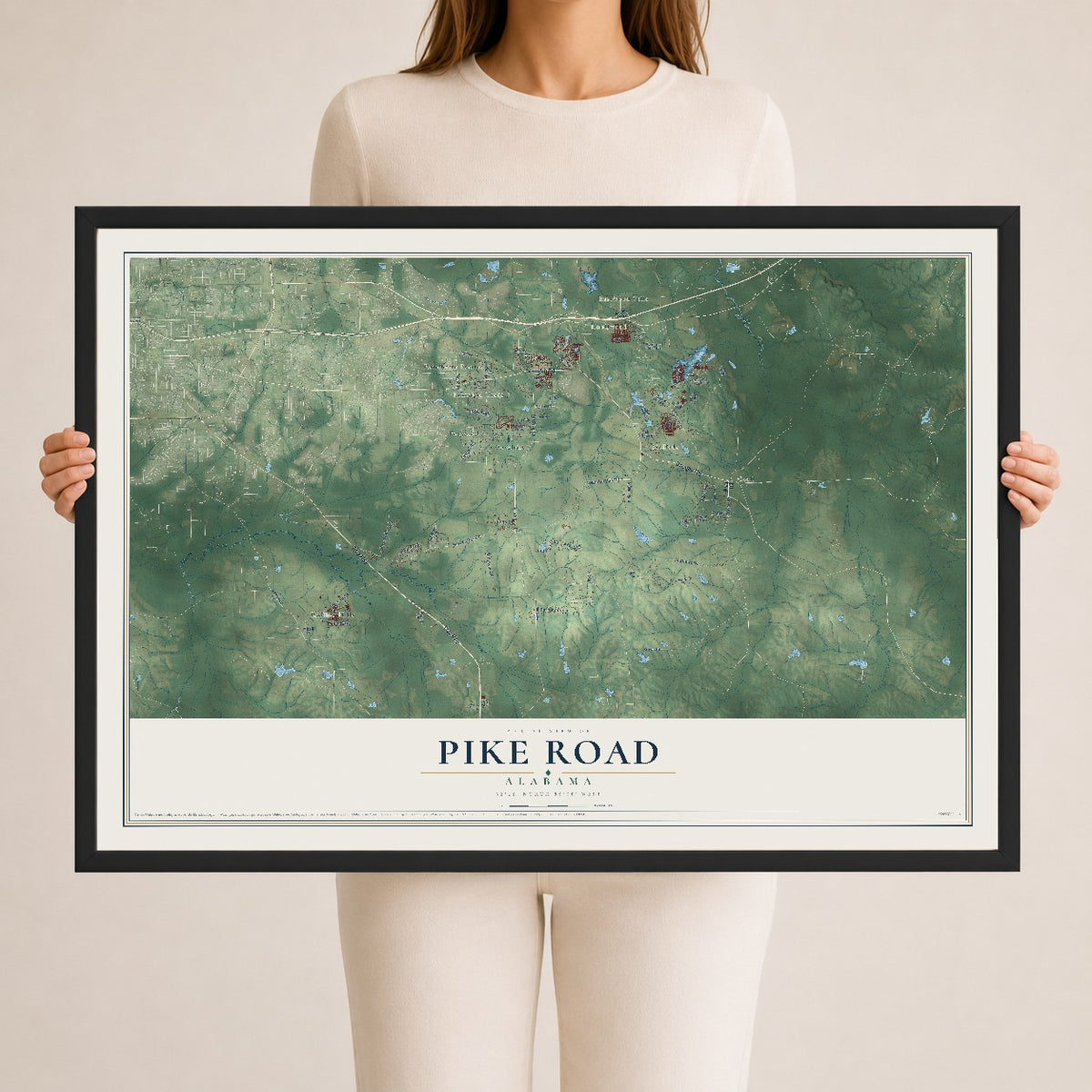 Map of Pike Road, Alabama, 24 x 36 inch print in a black wood frame