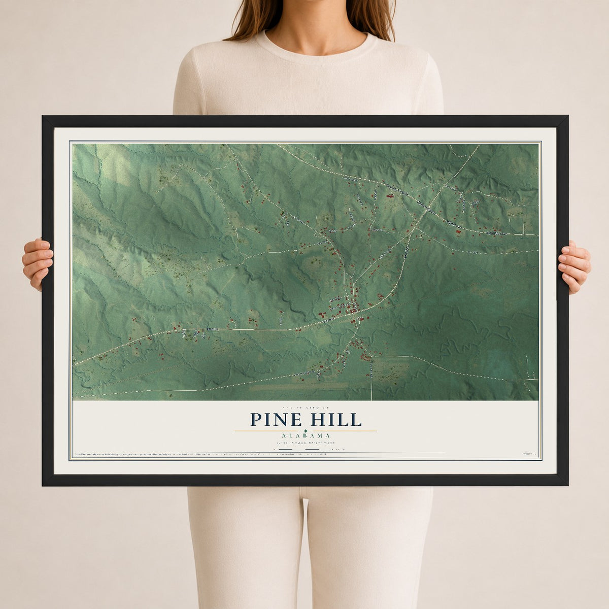 Map of Pine Hill, Alabama, 24 x 36 inch print in a black wood frame