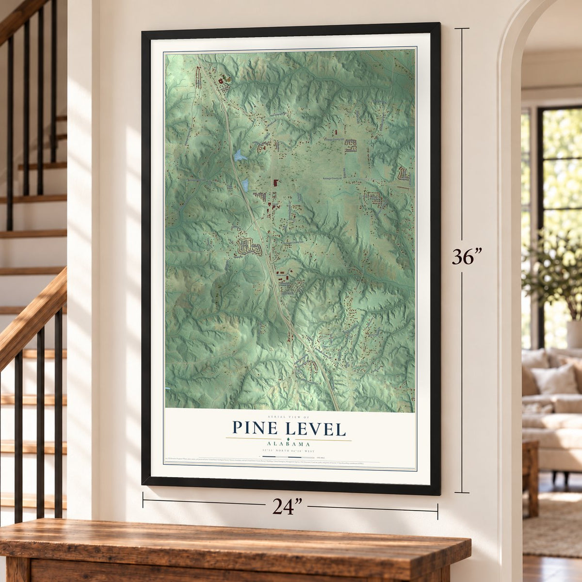 Pine Level, Alabama map, 24 x 36 inch print in a black frame by a staircase