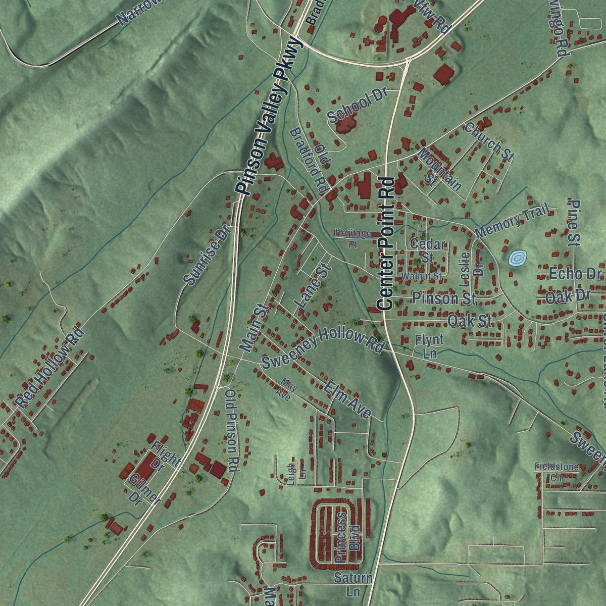 Close-up of the map of Pinson, Alabama print showing street and building detail