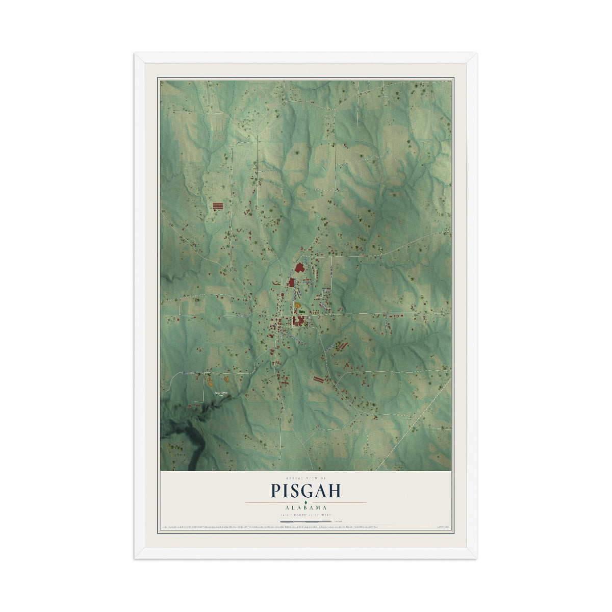 Map of Pisgah, Alabama, 12 x 18 inch print in a white wood frame