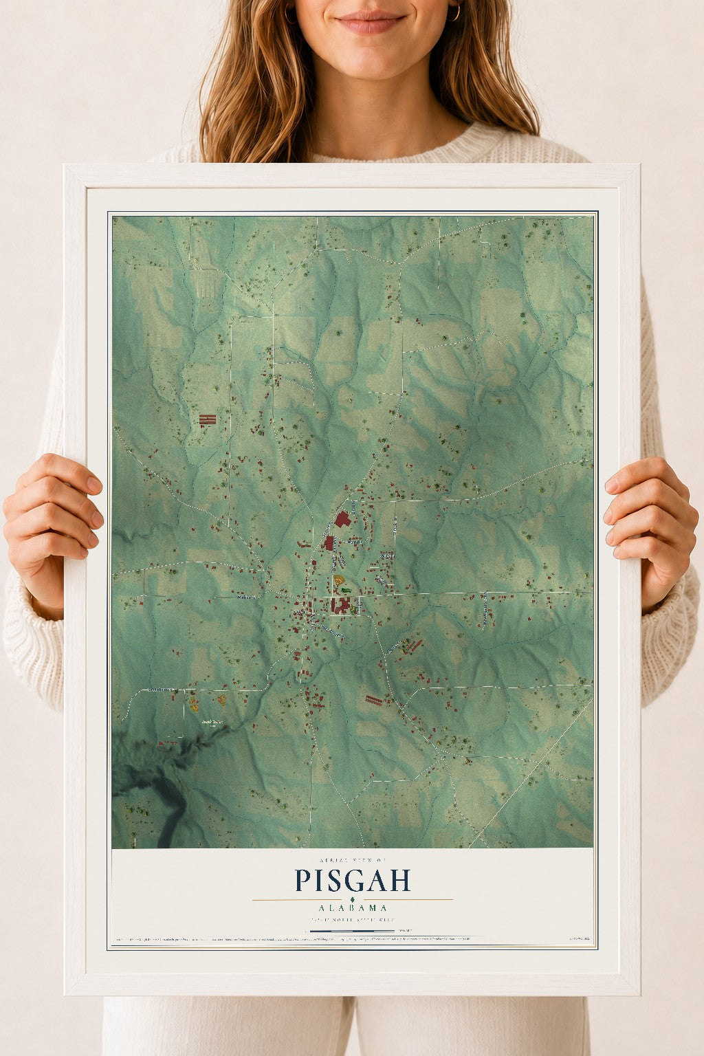 Map of Pisgah, Alabama, 18 x 24 inch print in a white wood frame