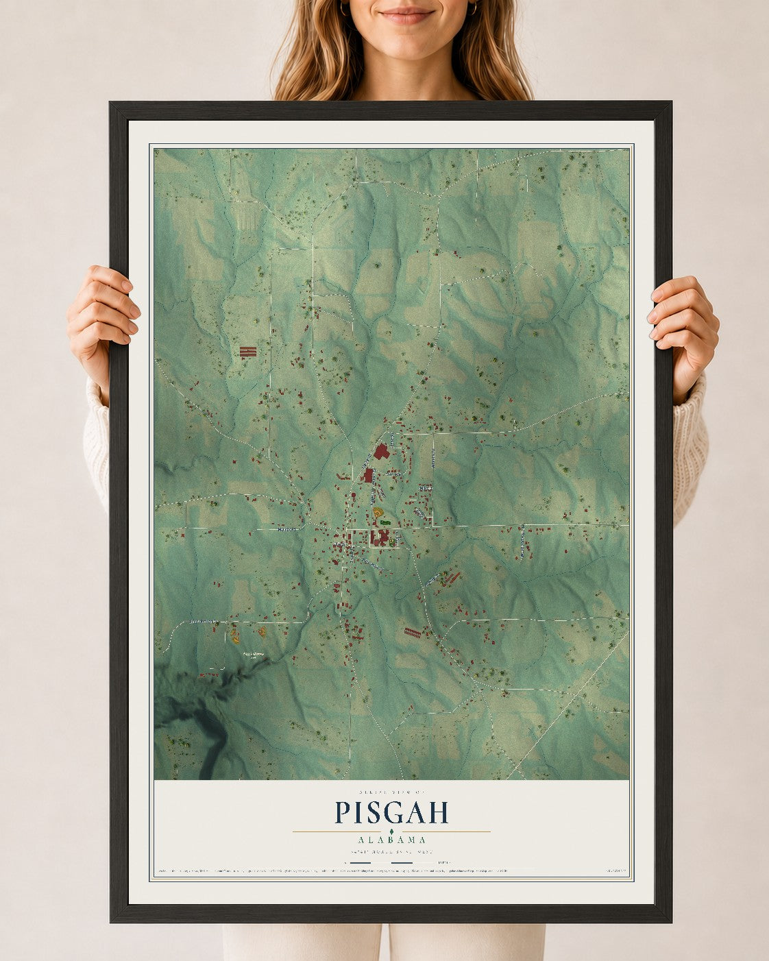 Map of Pisgah, Alabama, 24 x 36 inch print in a black wood frame