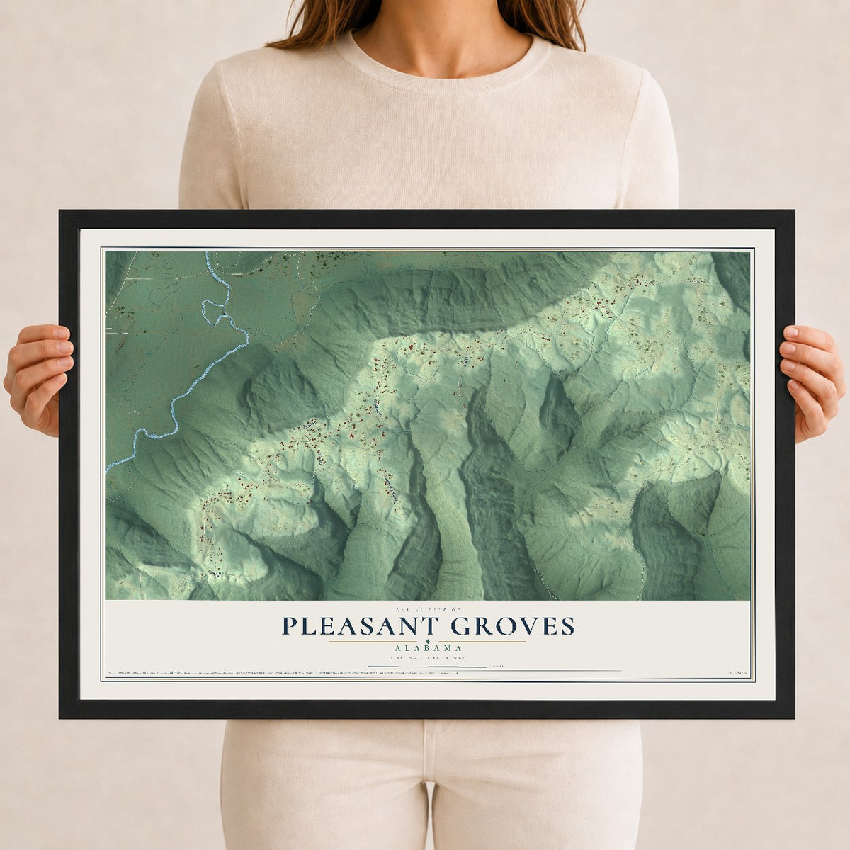 Map of Pleasant Groves, Alabama, 12 x 18 inch print in a black wood frame