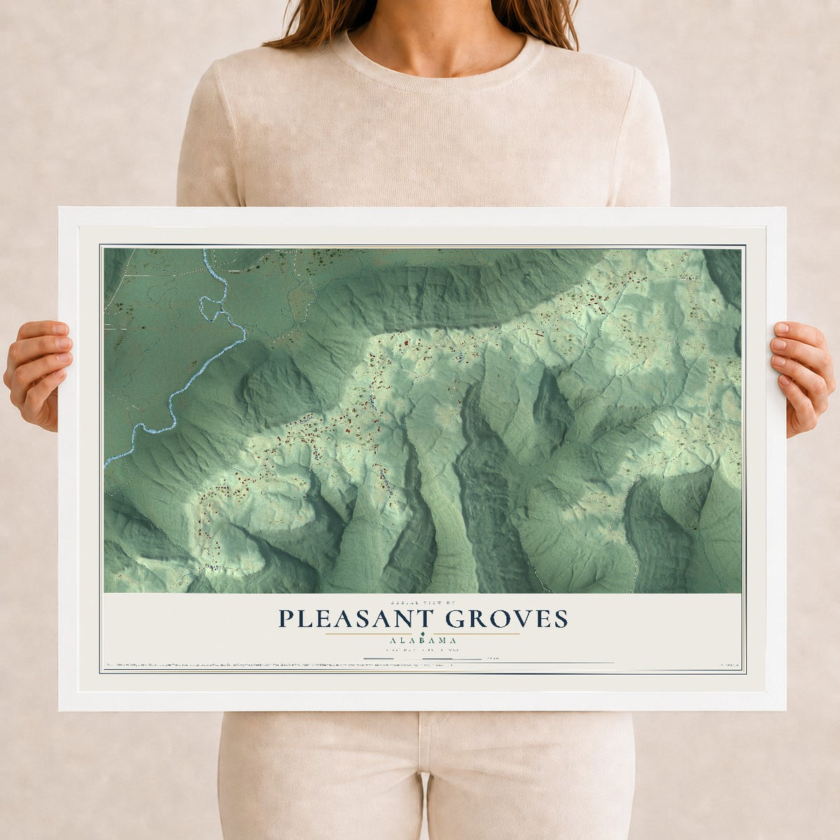 Map of Pleasant Groves, Alabama, 12 x 18 inch print in a white wood frame