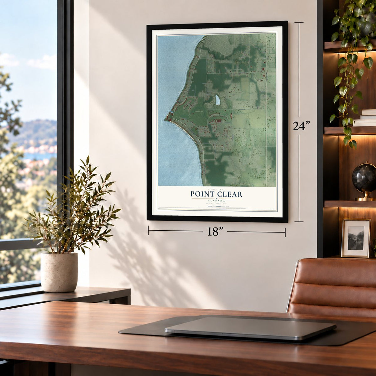 Point Clear, Alabama map, 18 x 24 inch print in a black frame in a home office