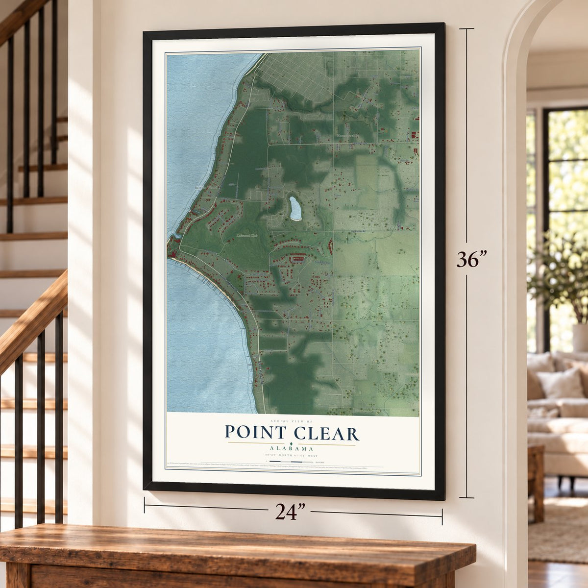 Point Clear, Alabama map, 24 x 36 inch print in a black frame by a staircase