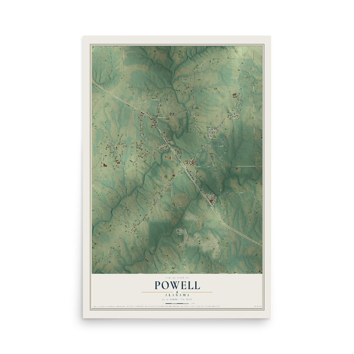 Map of Powell, Alabama, 12 x 18 inch unframed archival matte print